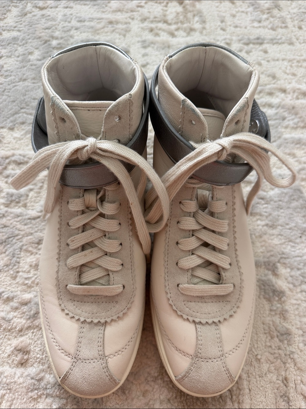 Coach Women's Cream and Silver High-Top Sneakers